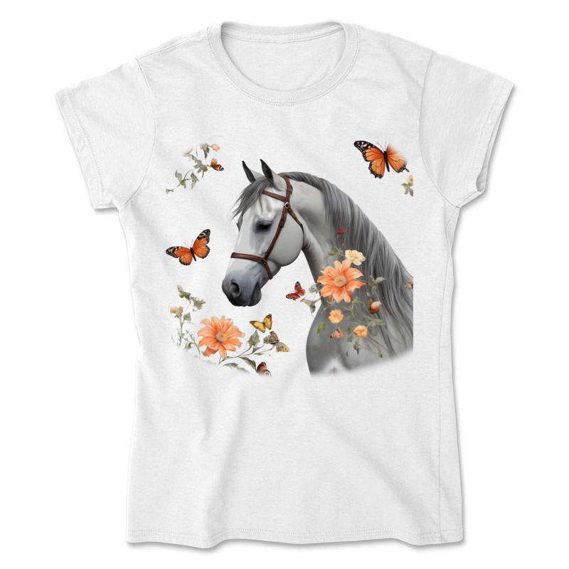 Női póló Ló virágokkal és pillangókkal