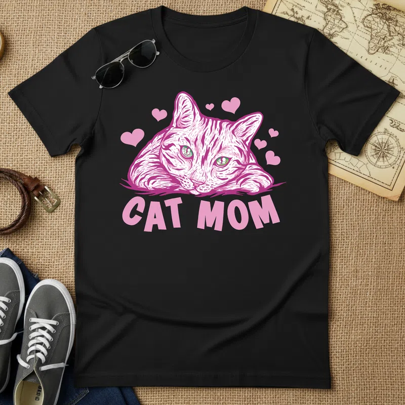 CAT MOM aranyos rózsaszín szívecskés - Férfi póló - Fekete - Állatok és Természet - Cica