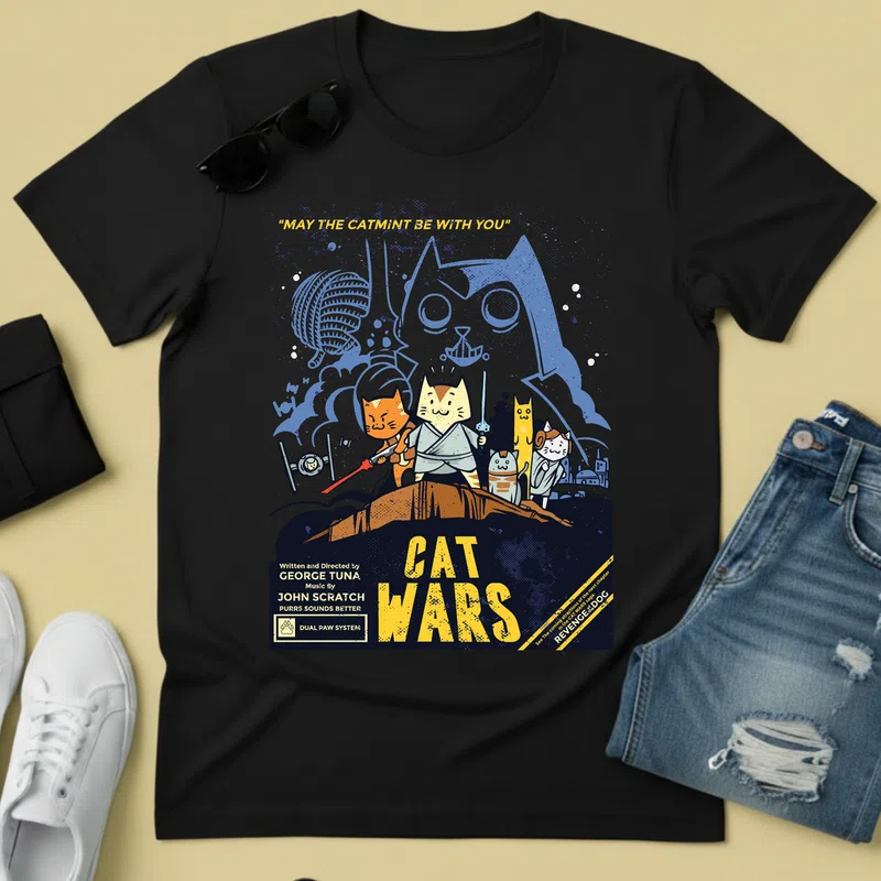 CAT WARS - retro sci-fi humor - Férfi póló - Fekete - Állatok és Természet - Cica