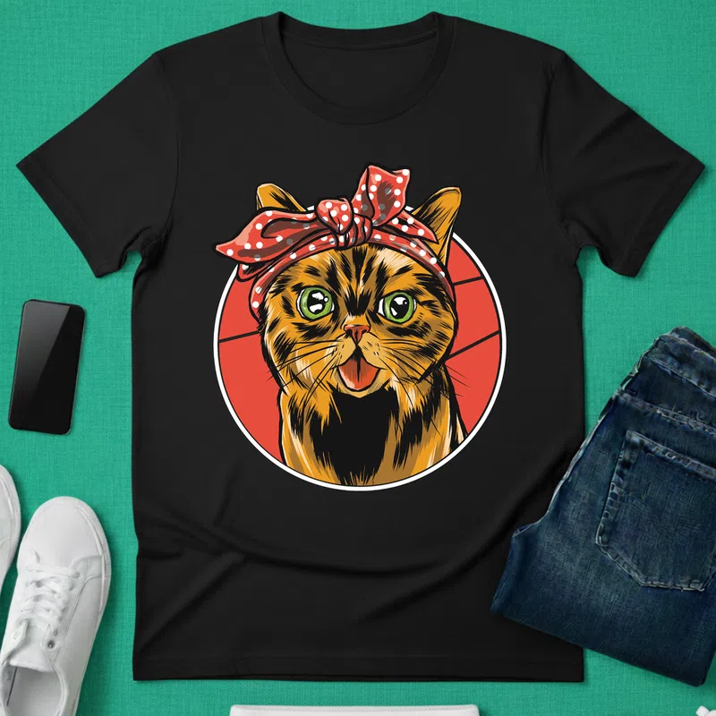 CICA kendős retró zöld szemű - Férfi póló - Fekete - Állatok és Természet - Cica