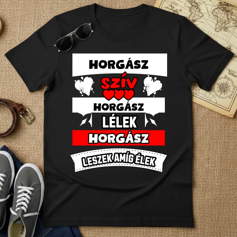 HORGÁSZ SZÍV LÉLEK Hobbi - Férfi póló - Fekete - Hobbi - Horgász