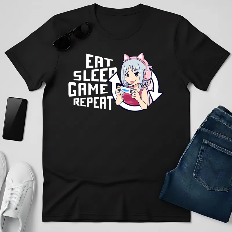 EAT SLEEP GAME REPEAT Cuki Anime Gamer Gamer - Férfi póló - Fekete - Gamer - altalanos-gamer