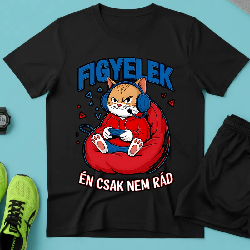 FIGYELEK Gamer Macska Komoly Gamer - Férfi póló - Fekete - Gamer - altalanos-gamer