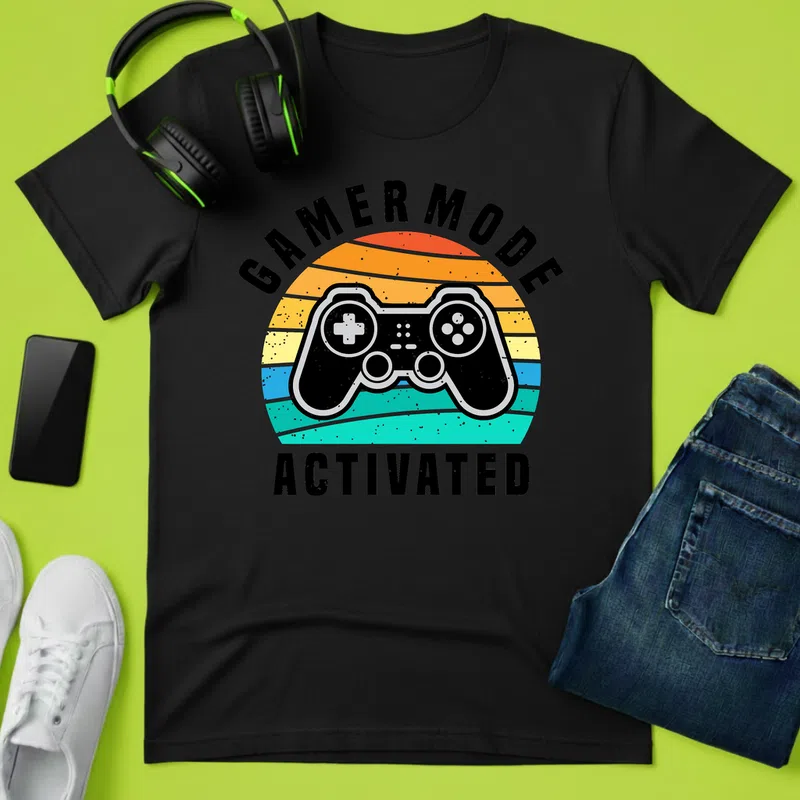 GAMER MODE ACTIVATED Retro Sunset Gamer - Férfi póló - Fekete - Gamer - altalanos-gamer
