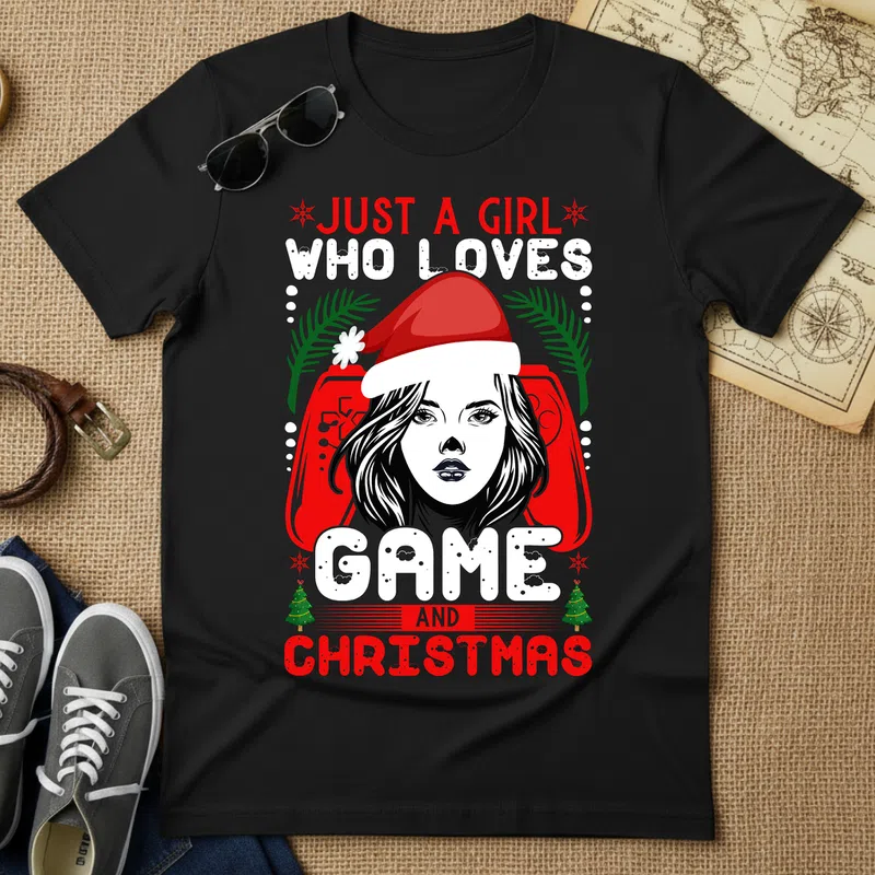 JUST A GIRL WHO LOVES GAME AND CHRISTMAS Ünnepi Gamer Ünnepek - Férfi póló - Fekete - Ünnepek - Karácsonyra