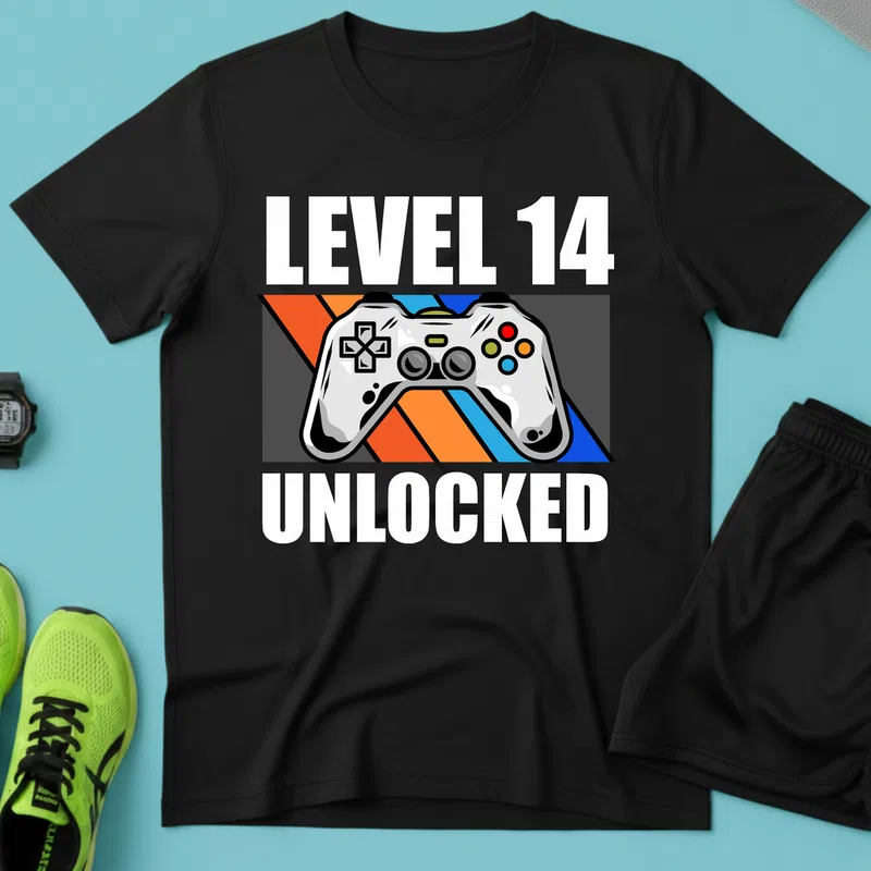 LEVEL 14 UNLOCKED Gamer Retro Gamer - Férfi póló - Fekete - Gamer - szueletesnapi-gamer