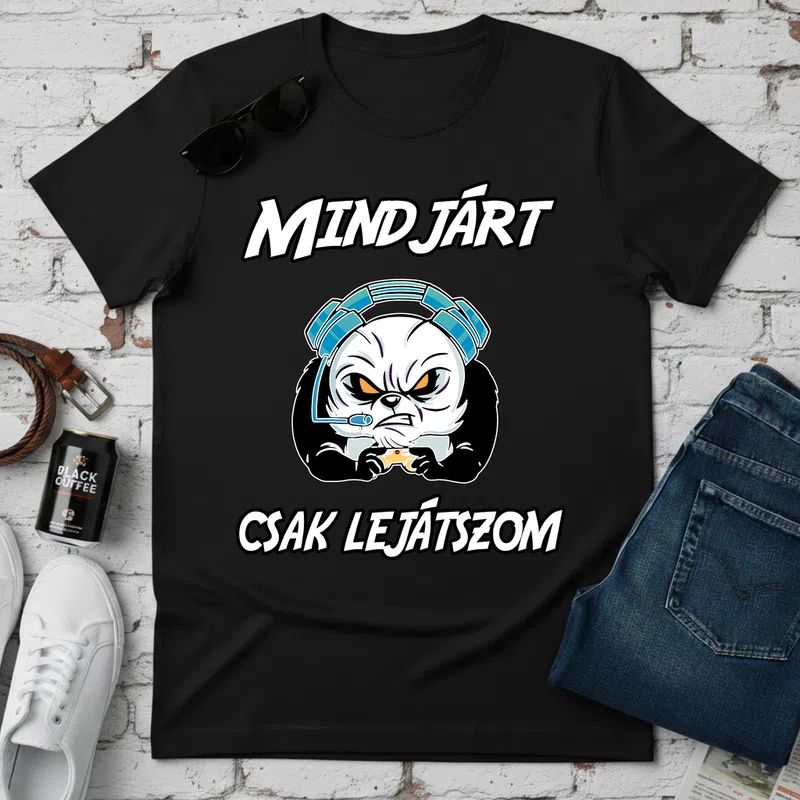MINDJÁRT Csak lejátszom Gamer Panda Gamer - Férfi póló - Fekete - Gamer - altalanos-gamer