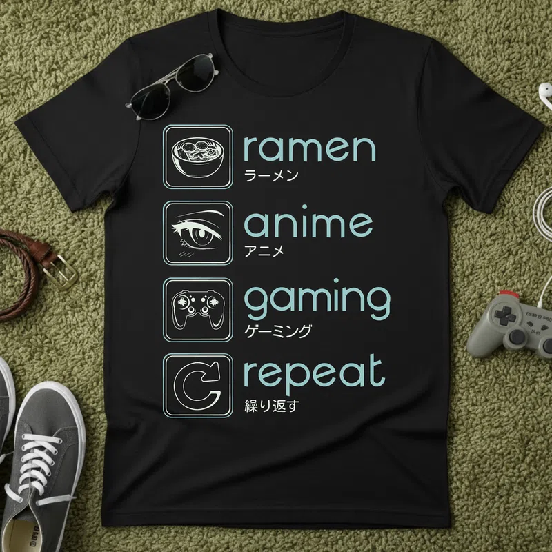 ramen anime gaming repeat Gamer - Férfi póló - Fekete - Gamer - altalanos-gamer