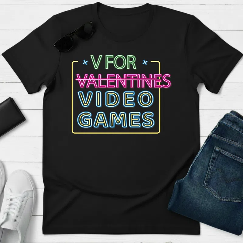 V FOR VALENTINES VIDEO GAMES Neon Retro Gamer - Férfi póló - Fekete - Gamer - altalanos-gamer