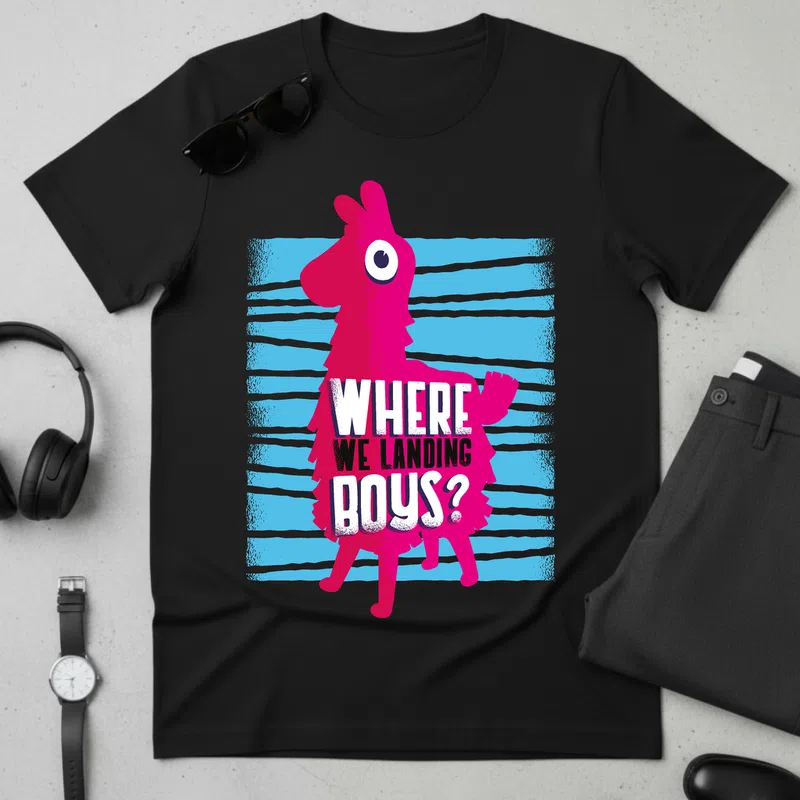WHERE WE LANDING BOYS – Retro Llama Gamer - Férfi póló - Fekete - Gamer - fortnite
