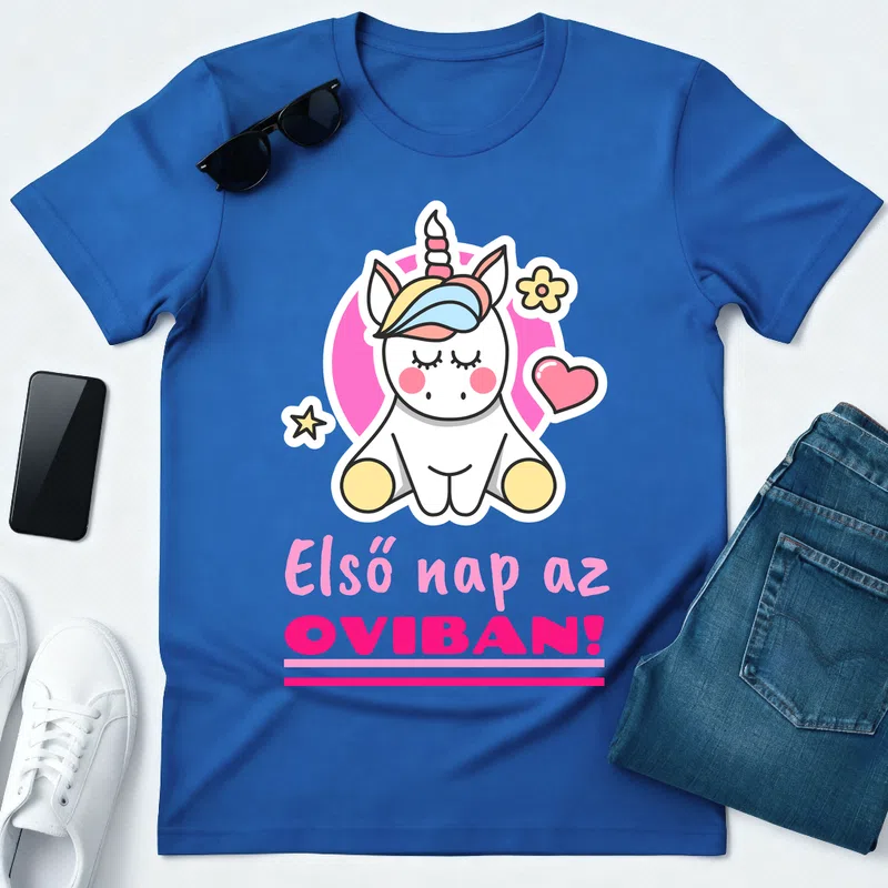 Első nap az OVIBAN! Cuki unikornis (2) Ballagás - Férfi póló - Királykék - Ballagás - Óvoda