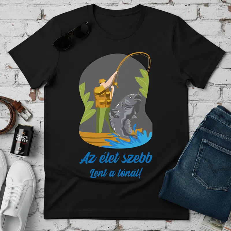 Az élet szebb Lent a tónál Hobbi Horgász - Férfi póló - Fekete - Hobbi - Horgász