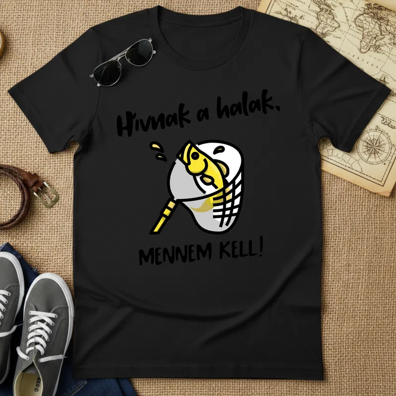 Hal a hálóban Sárga minimalista vidám Hobbi Horgász - Férfi póló - Fekete - Hobbi - Horgász