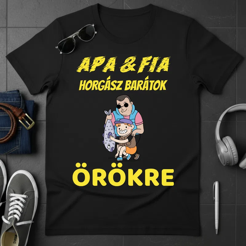 ÖRÖKRE Apa és Fia Horgász Barátok (2) Páros Apa - Gyerek - Férfi póló - Fekete - Páros - Apa - Gyerek