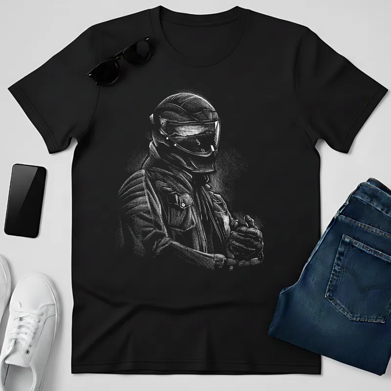 26644-Helmet-Rider-Monochrome-Portrait-t-shirt Járművek Motor - Férfi póló - Fekete - Járművek - Motor