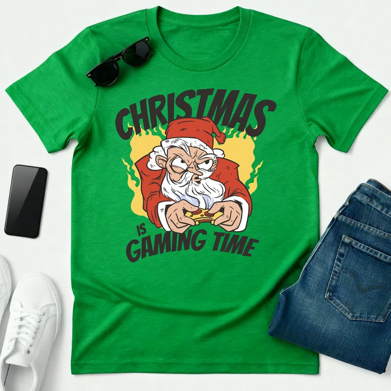 15955-santagamingTshirt-PR_t-shirt Karácsonyra - Férfi póló - Zöld - Ünnepek - Karácsonyra