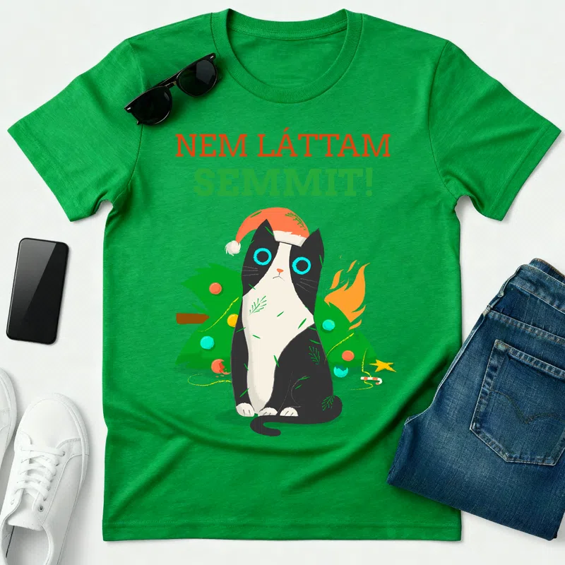 christmas-t-shirt-maker-featuring-a-messy-cat-1879e Karácsonyra - Férfi póló - Zöld - Ünnepek - Karácsonyra