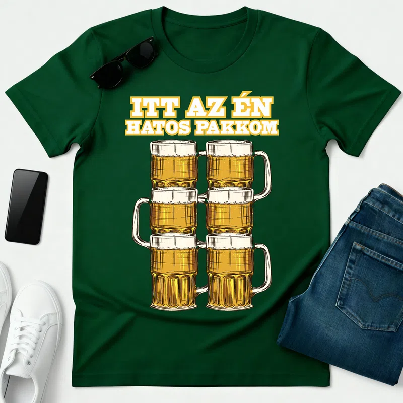 ITT AZ ÉN HATOS PAKKOM - Férfi póló - Erdőzöld - Vicces - Vicces szöveg