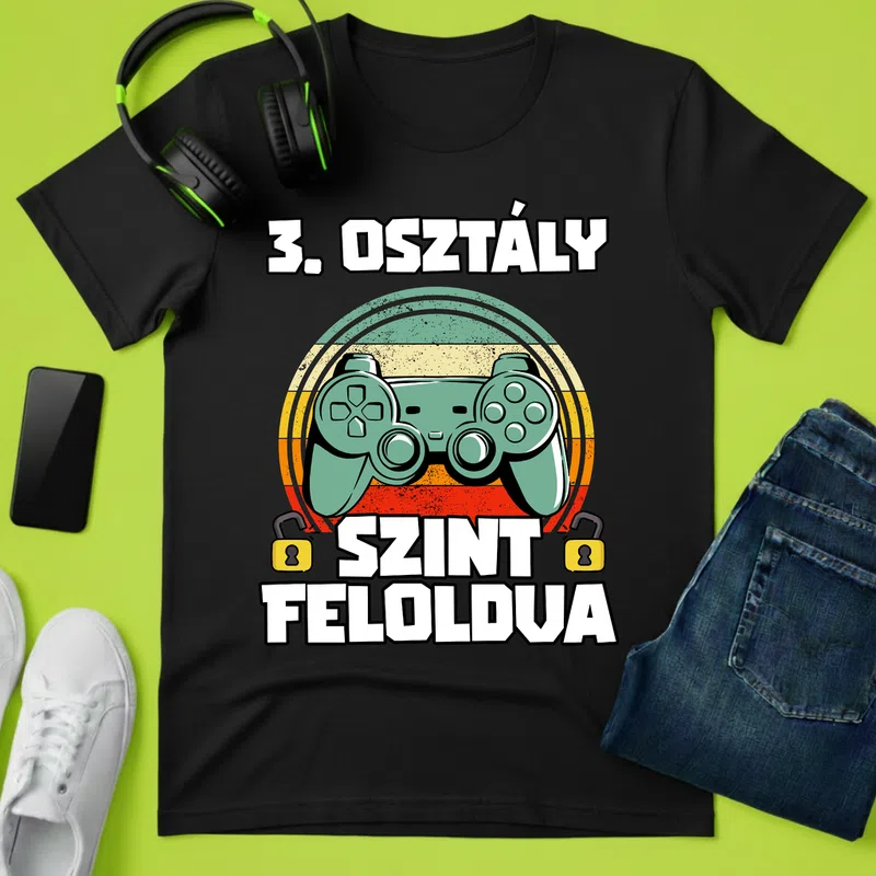 3. OSZTÁLY SZINT FELOLDVA Gamer Retro Ballagás - Férfi póló - Fekete - Ballagás - Suli