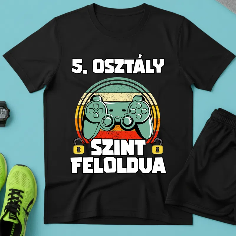 5. Osztály Szint Feloldva Retro Gamer Ballagás - Férfi póló - Fekete - Ballagás - Suli