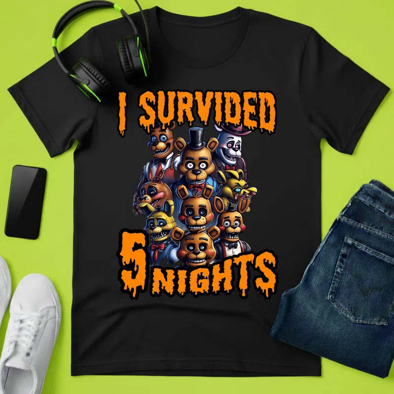 I SURVIVED 5 NIGHTS horror játék Gamer - Férfi póló - Fekete - Gamer - fnaf-freddys