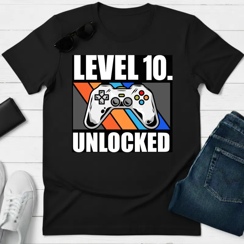 LEVEL 10 UNLOCKED Gamer Retro Gamer - Férfi póló - Fekete - Gamer - szueletesnapi-gamer