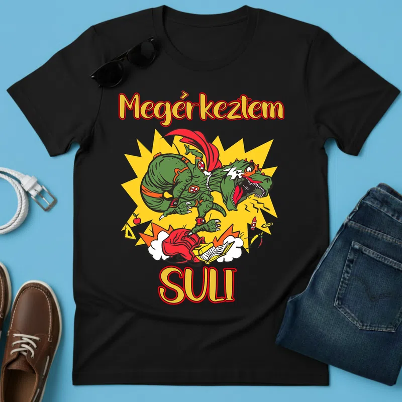 Megérkeztem SULI dinoszaurusz akció Ballagás - Férfi póló - Fekete - Ballagás - Suli