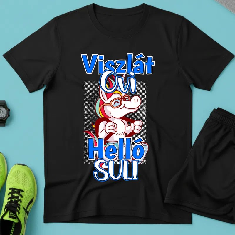 Viszlát Ovi Hello Suli Vidám Unikornis Ballagás - Férfi póló - Fekete - Ballagás - Óvoda