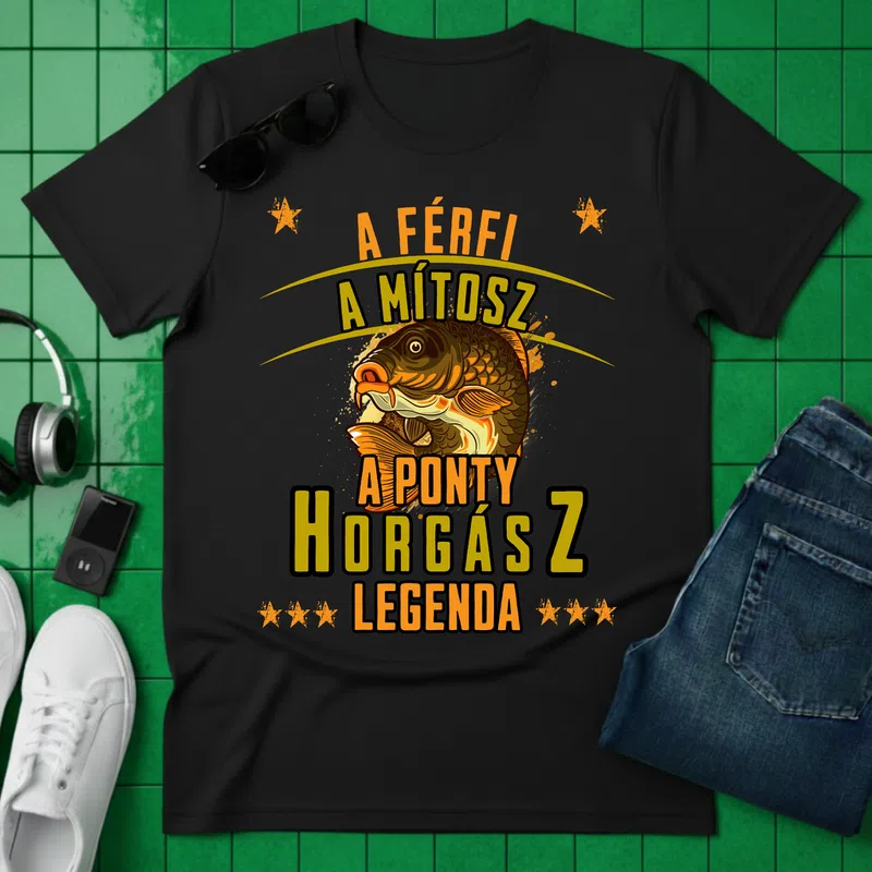 A Férfi A Mítosz A Ponty Horgász Legenda Hobbi - Férfi póló - Fekete - Hobbi - Horgász