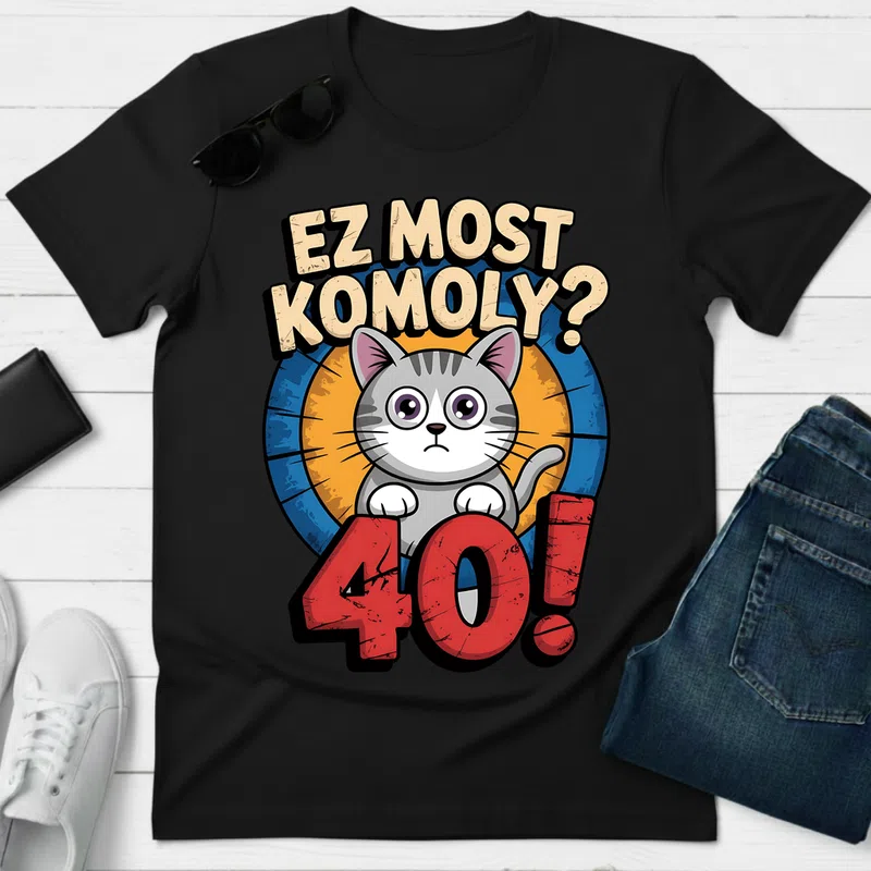 Ez most komoly 40! Vicces cica Születésnap - Férfi póló - Fekete - Születésnap