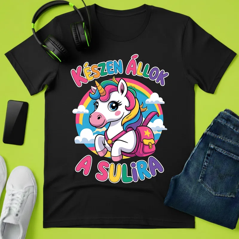 Készen állok a sulira – Unikornis, Színes, Vidám Ballagás - Férfi póló - Fekete - Ballagás - Suli