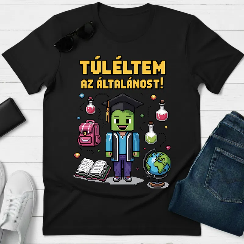 TÚLÉLTEM AZ ÁLTALÁNOST! Pixeles vicces Ballagás - Férfi póló - Fekete - Ballagás - Suli