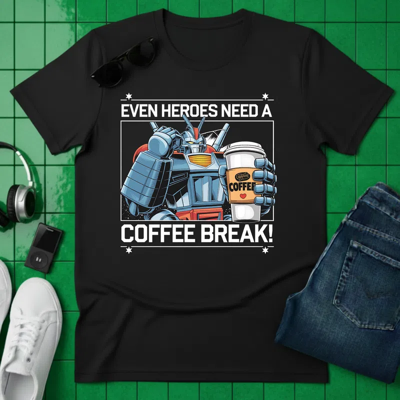 EVEN HEROES NEED A COFFEE BREAK Retro Robot Vicces - Férfi póló - Fekete - Vicces - Vicces szöveg