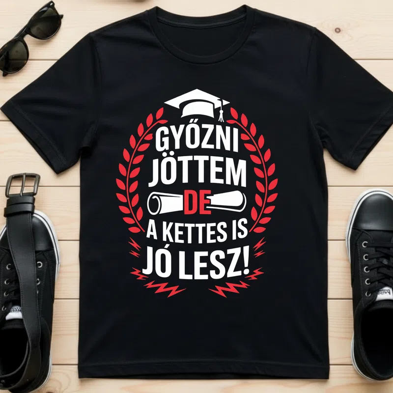 Győzni jöttem de a kettes is jó lesz vicces diploma Ballagás - Férfi póló - Fekete - Ballagás - Suli