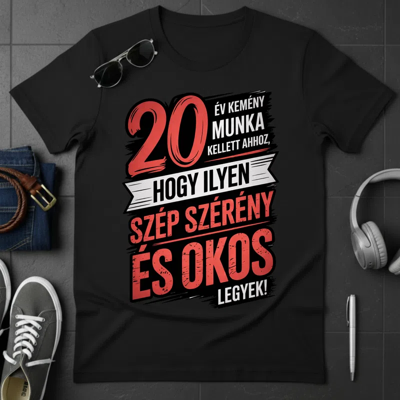 20 év kemény munka — Szép, szerény, okos Születésnap - Férfi póló - Fekete - Születésnap