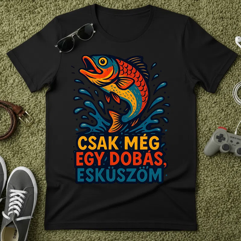 CSAK MÉG EGY DOBÁS, ESKÜSZÖM Horgász Retro Hobbi Horgász - Férfi póló - Fekete - Hobbi - Horgász