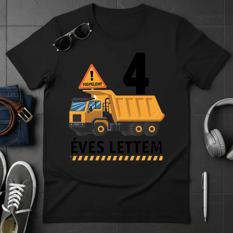 4 ÉVES LETTEM Figyelem Dömper Szülinap Születésnap - Férfi póló - Fekete - Születésnap