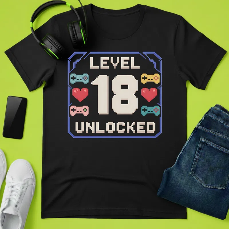 LEVEL 18 UNLOCKED Retro Gamer Születésnap - Férfi póló - Fekete - Születésnap