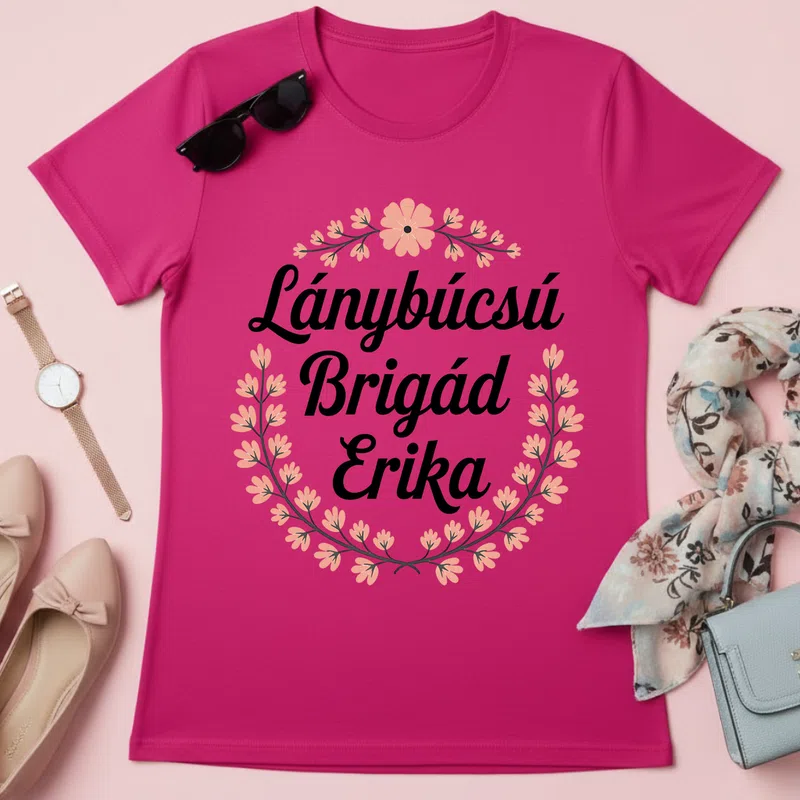 Lánybúcsú Brigád Erika Virágos Házasság Lánybúcsú - Női póló - Pink - Házasság - Lánybúcsú