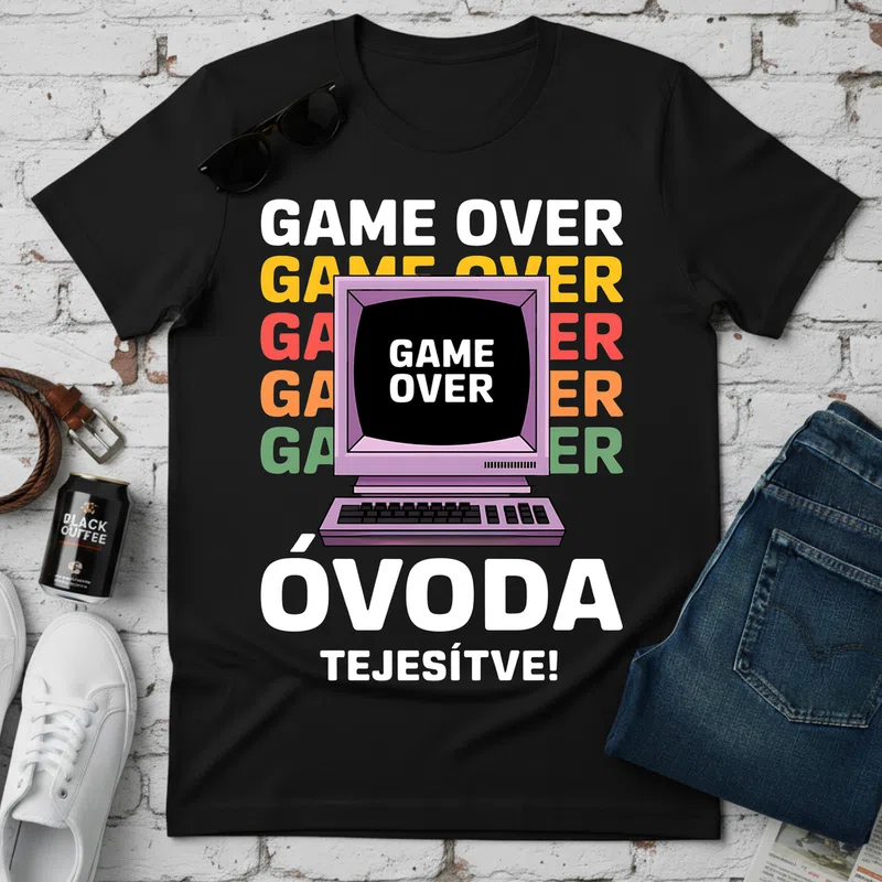 GAME OVER ÓVODA TEJESÍTVE Retro Gamer - Férfi póló - Fekete - Gamer - altalanos-gamer