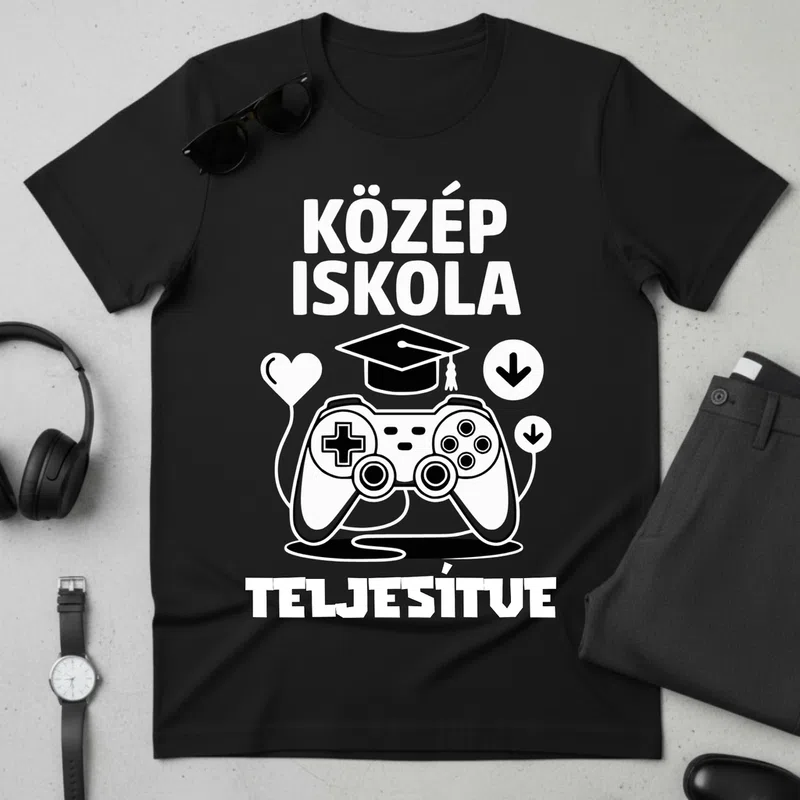 KÖZÉP ISKOLA TELJESÍTVE Gamer Ballagás - Férfi póló - Fekete - Ballagás - Suli