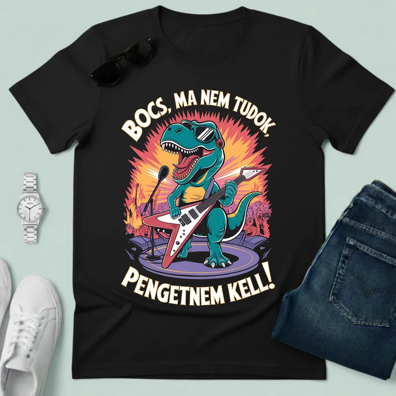 BOCS, MA NEM TUDOK PENGETNEM KELL! Rockos dinoszaurusz Hobbi - Férfi póló - Fekete - Hobbi - Gitár