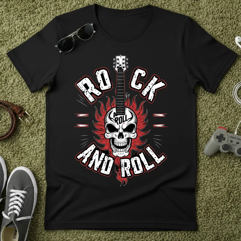 ROCK AND ROLL Koponya Gitár Lángok Hobbi - Férfi póló - Fekete - Hobbi - Zene