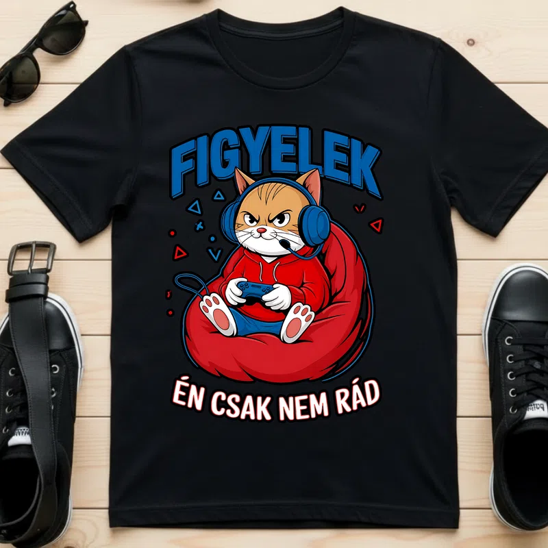 FIGYELEK Koncentrált Gamer Macska Gamer - Férfi póló - Fekete - Gamer - altalanos-gamer