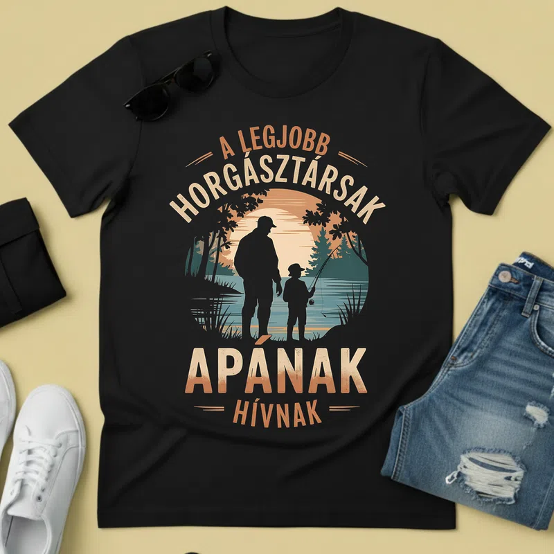 APÁNAK Horgászos Családi Nosztalgikus Páros - Férfi póló - Fekete - Páros - Apa - Gyerek