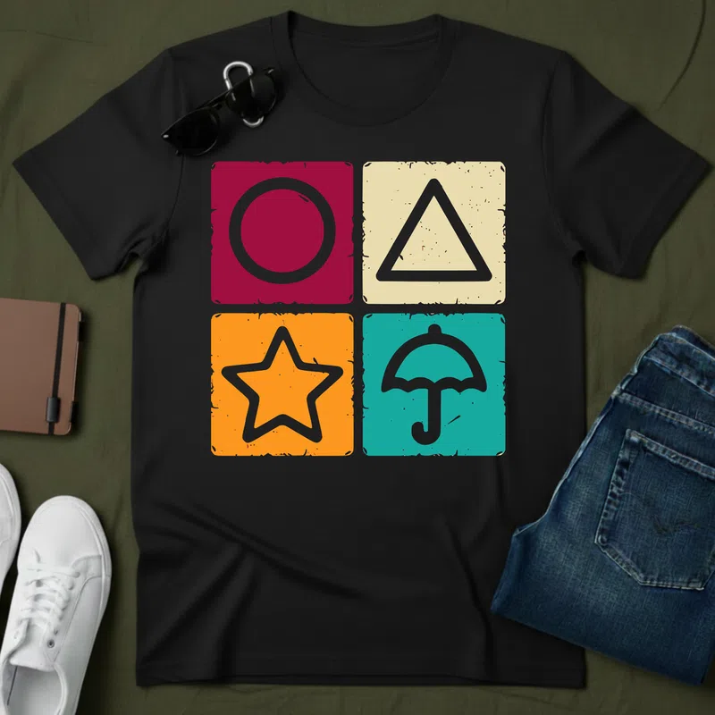 Kör Háromszög Csillag Esernyő Retro ikonok Vicces - Férfi póló - Fekete - Vicces - Meme