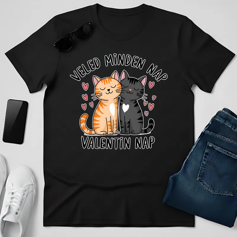 VELED MINDEN NAP – Valentin macskák szerelem Ünnepek - Férfi póló - Fekete - Ünnepek - Valentin napra