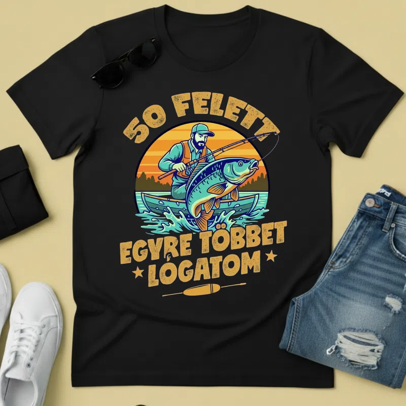 50 felett egyre többet lógatom horgász stílus Hobbi - Férfi póló - Fekete - Hobbi - Horgász