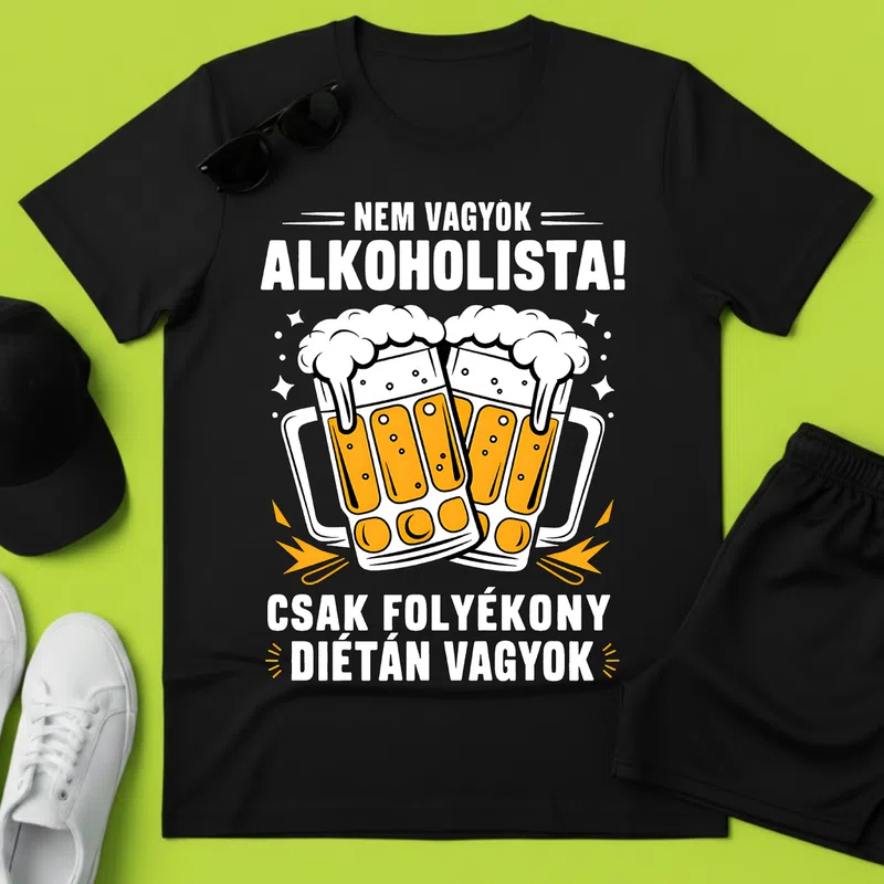 NEM VAGYOK ALKOHOLISTA! Folyékony Diétán (2) Vicces szöveg - Férfi póló - Fekete - Vicces - Vicces szöveg