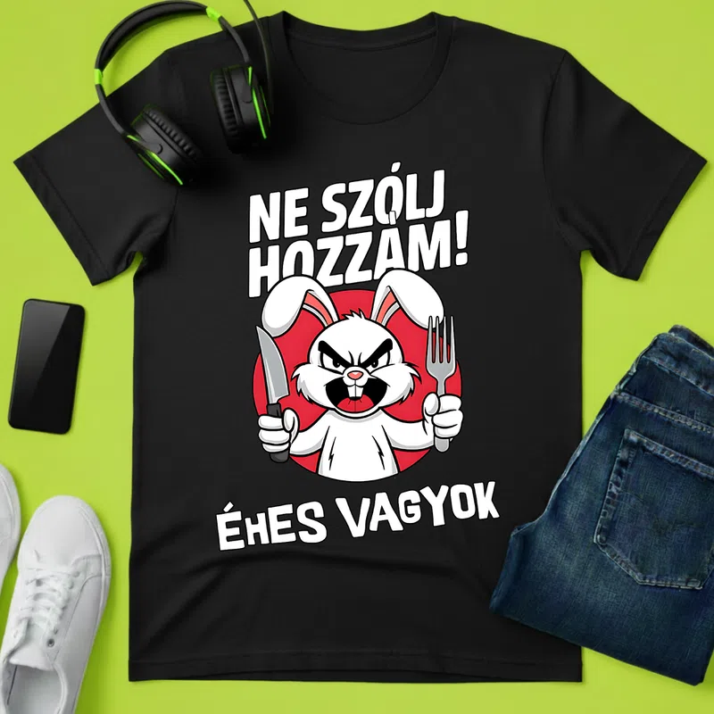 NE SZÓLJ HOZZÁM! Éhes vagyok - Mérges Nyuszi Vicces szöveg - Férfi póló - Fekete - Vicces - Vicces szöveg